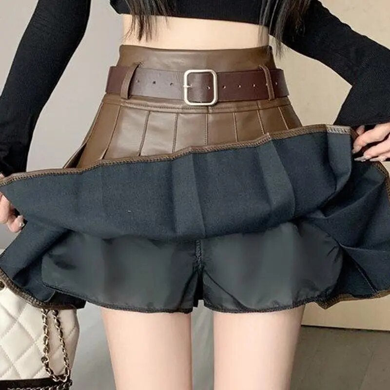 Pleated Skirts PU Leather Black Khaki