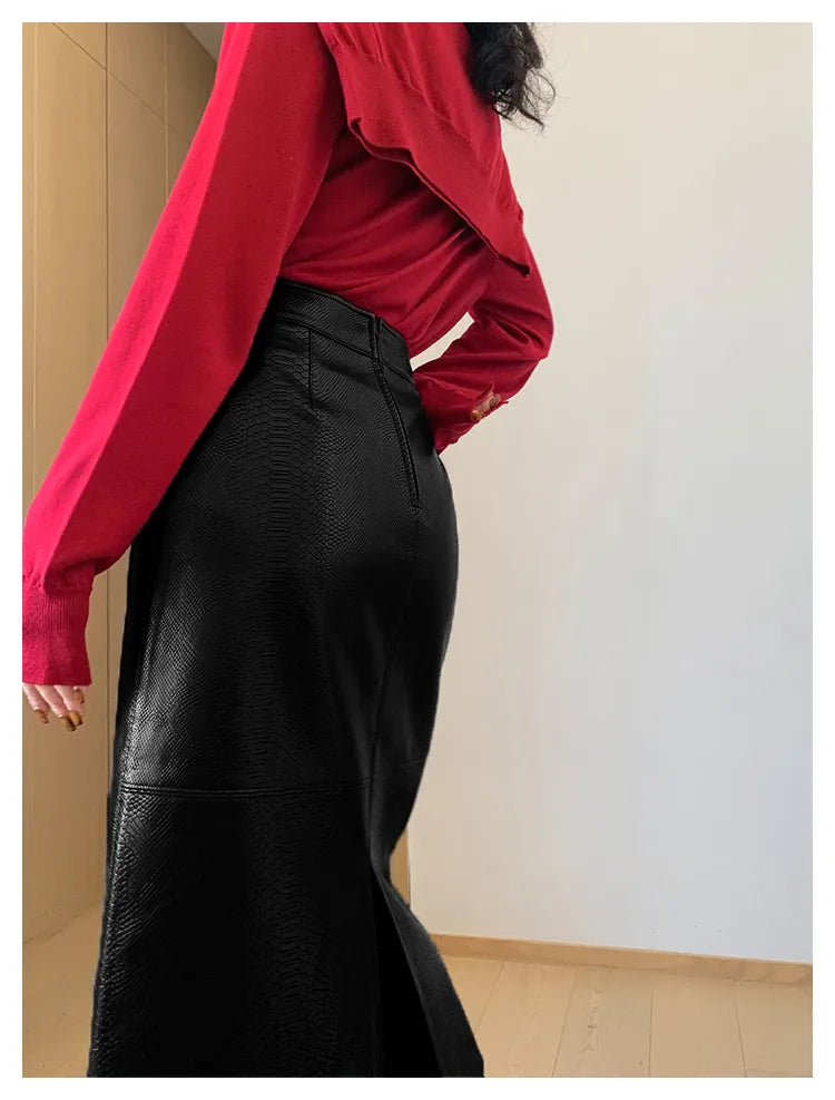 Black soft faux leather crocodile skirt