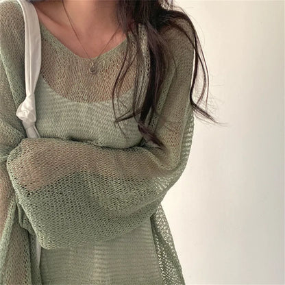 Lazy Style Full Sleeves Tops Hollow Out