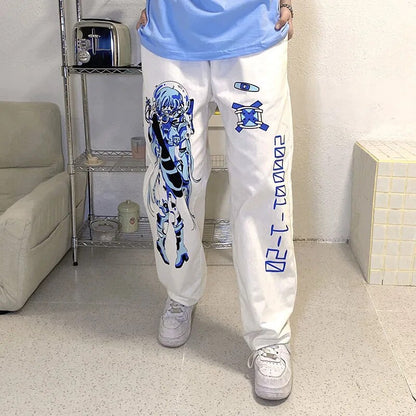 White Trousers With Blue Print