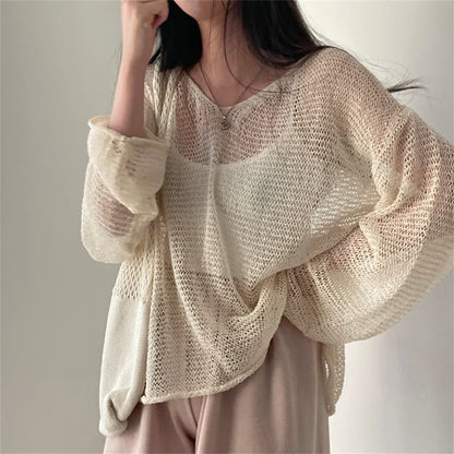 Lazy Style Full Sleeves Tops Hollow Out