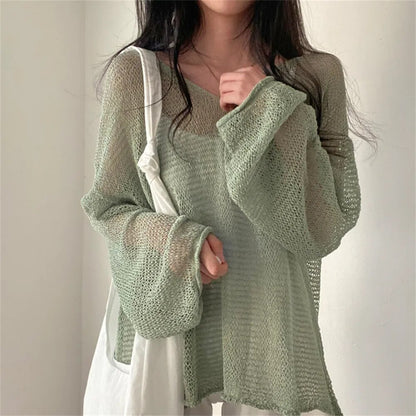 Lazy Style Full Sleeves Tops Hollow Out