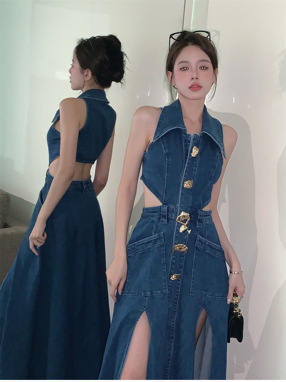 Hollow Waistcoat Denim Dress