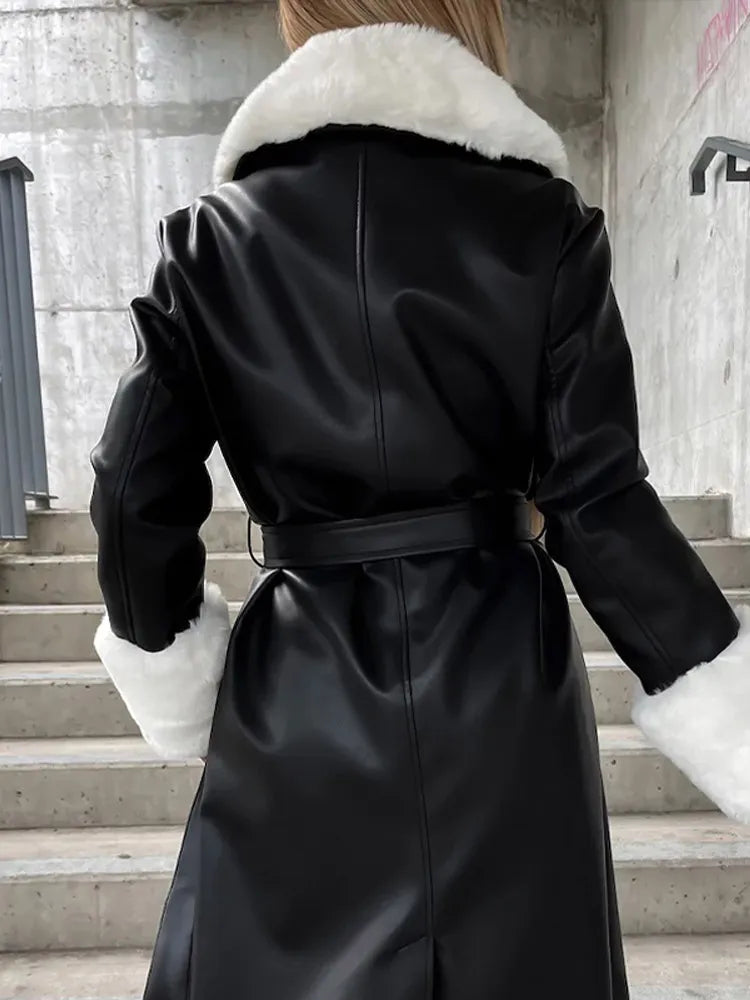 Faux Fur Pocket Leather Coat