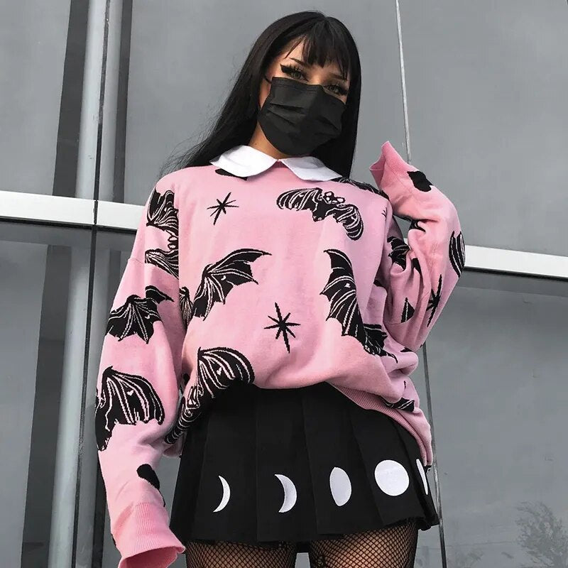 Pink Sweater Bat Print Pullover Long Sleeve