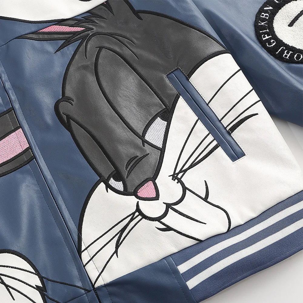 Streetwear Loose Cartoon Embroidery Leather Jacket