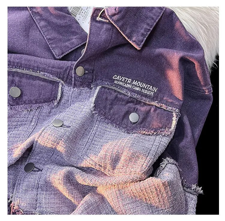 Denim Jacket Retro Color Contrast Stitching Purple