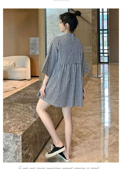 Loose Relaxed Dress Buckle Checker Print