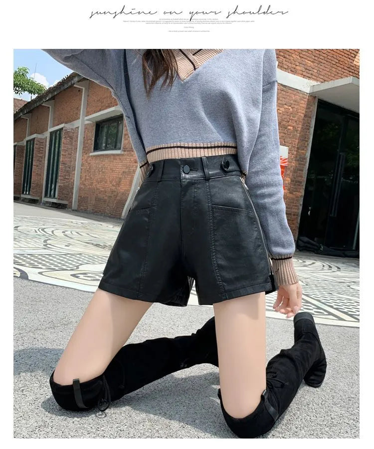 High Waist Loose Leather Shorts