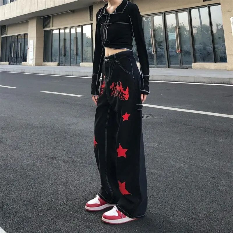 Black Red Jeans Streetwear Fashion Pants