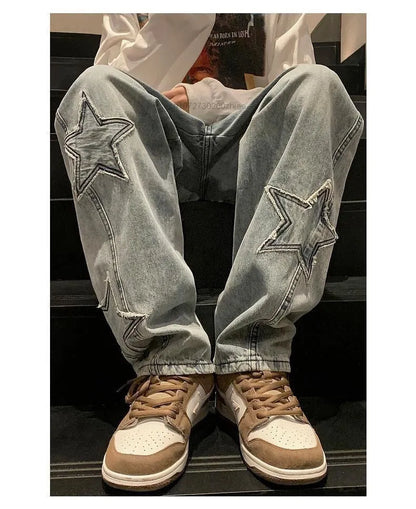 Star Embroidery Straight Casual Jeans