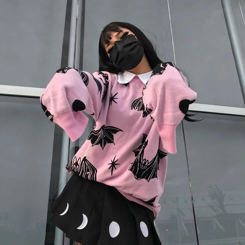 Pink Sweater Bat Print Pullover Long Sleeve