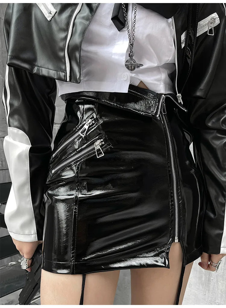 Pu Leather Mini Skirt Shiny Reflective