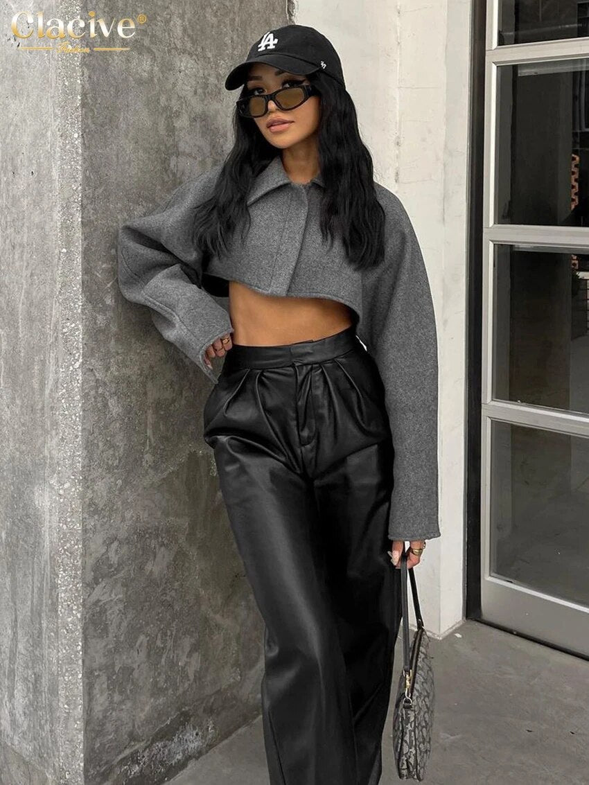 Black Pu Leather Elegant High Waist Straight Pants