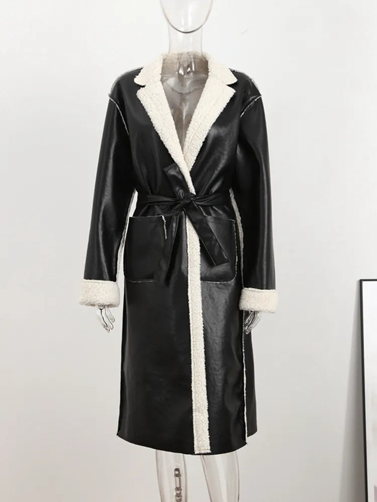 Faux Leather Panelled Turndown Collar Overcoat