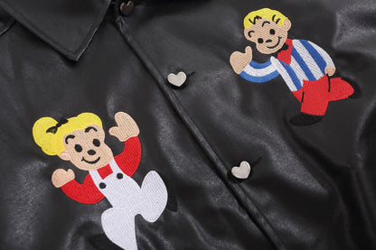 Cartoon Embroidery Winter Leather Jacket