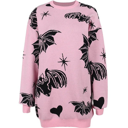 Pink Sweater Bat Print Pullover Long Sleeve