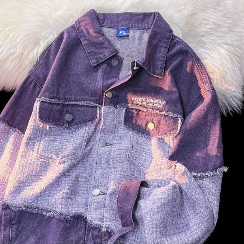 Denim Jacket Retro Color Contrast Stitching Purple