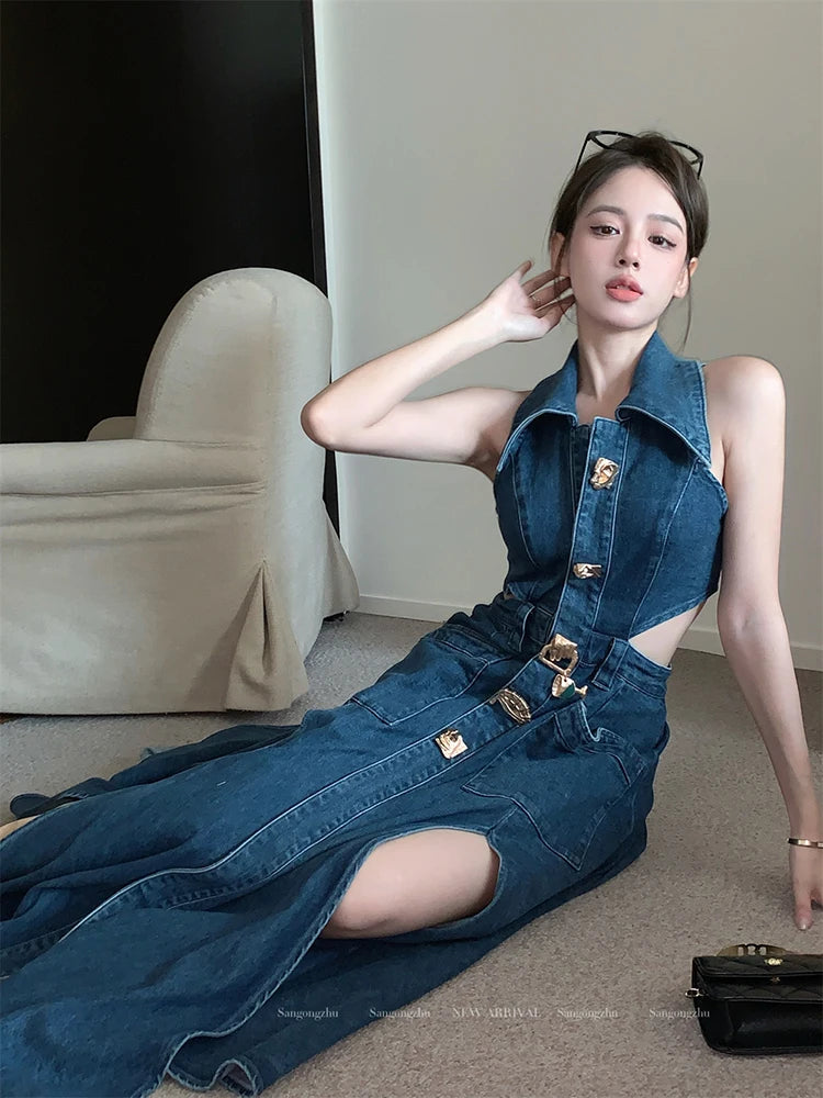 Hollow Waistcoat Denim Dress