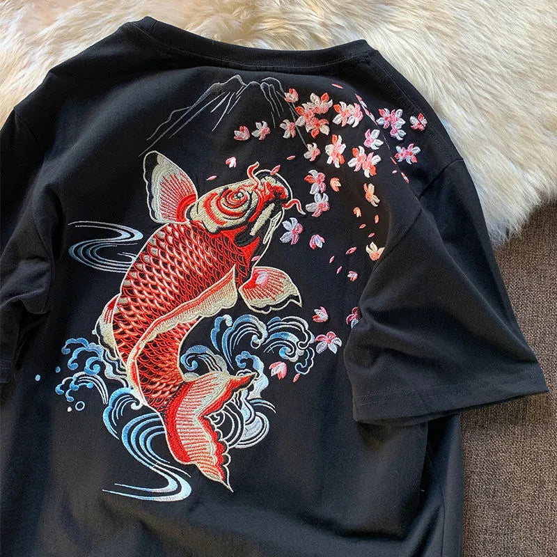 T-Shirts Vintage Street Fish Embroidery