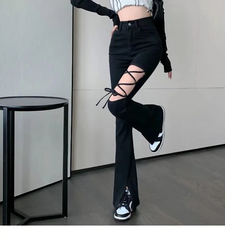 Black Ripped High-waisted Wide-leg Suit Pants