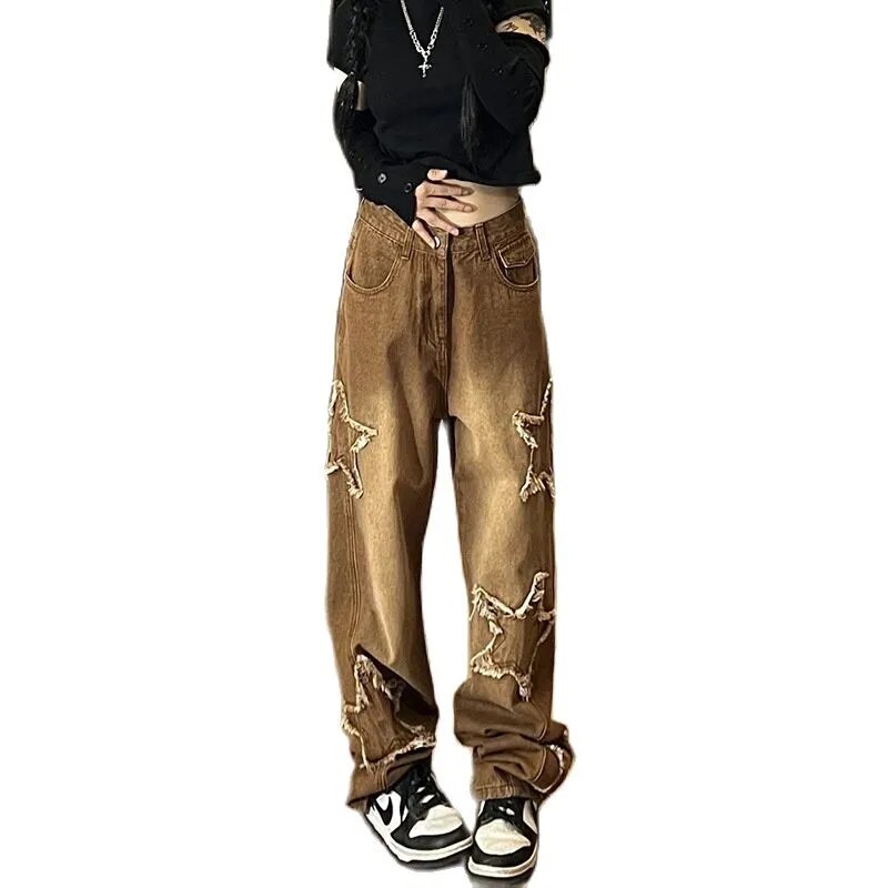 Fashion Stars Towel Embroidery Brown Baggy Jeans