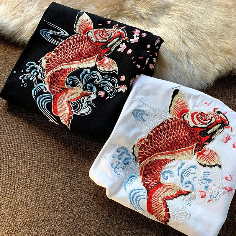 T-Shirts Vintage Street Fish Embroidery