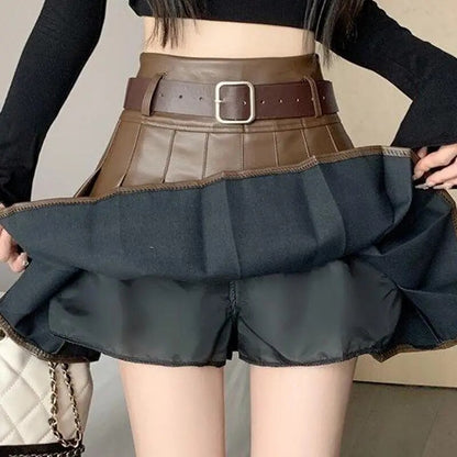 Pleated Skirts  PU Leather Black Khaki