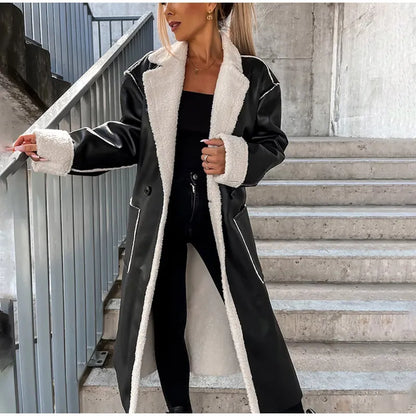 Faux Leather Panelled Turndown Collar Overcoat