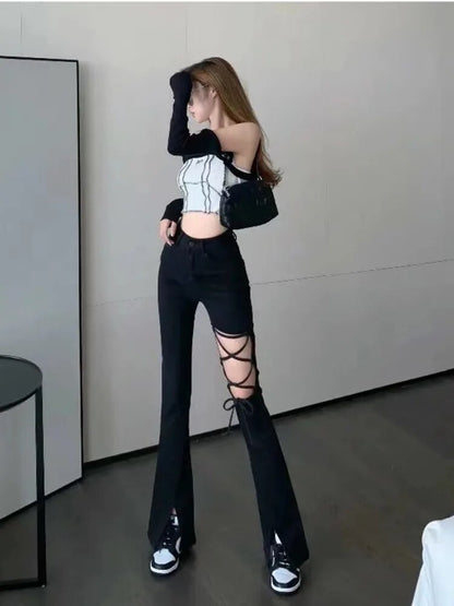 Black Ripped High-waisted Wide-leg Suit Pants