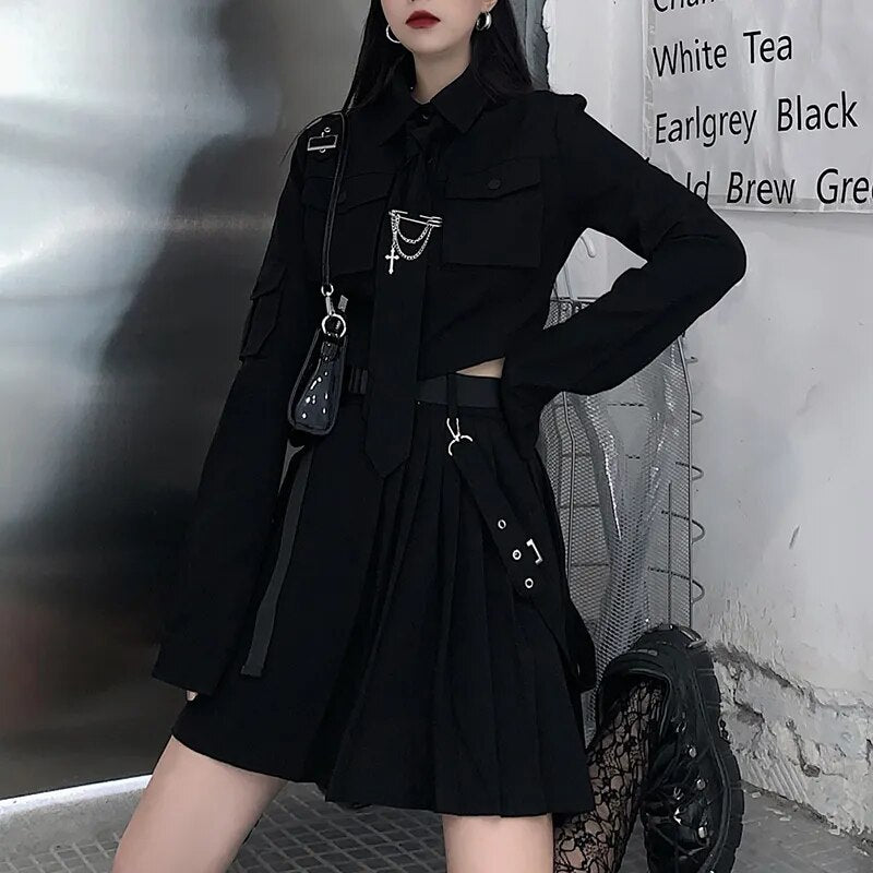 Gothic Cargo Shirt Suit With Chains