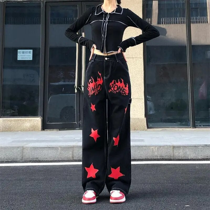 Black Red Jeans Streetwear Fashion Pants