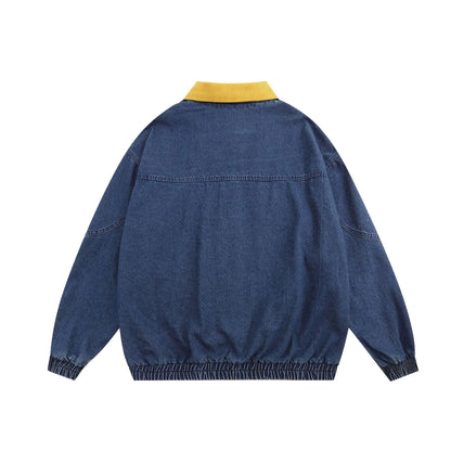 Embroidery Denim Splice Collar Jacket