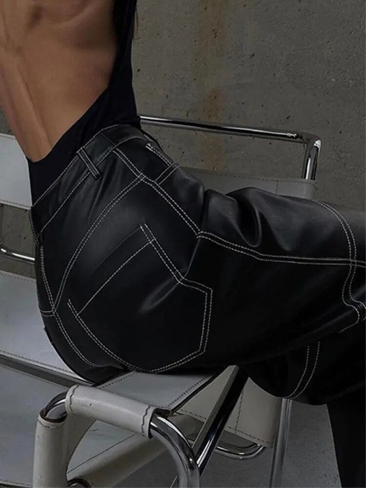 High Waist Wide Leg Leather Pants