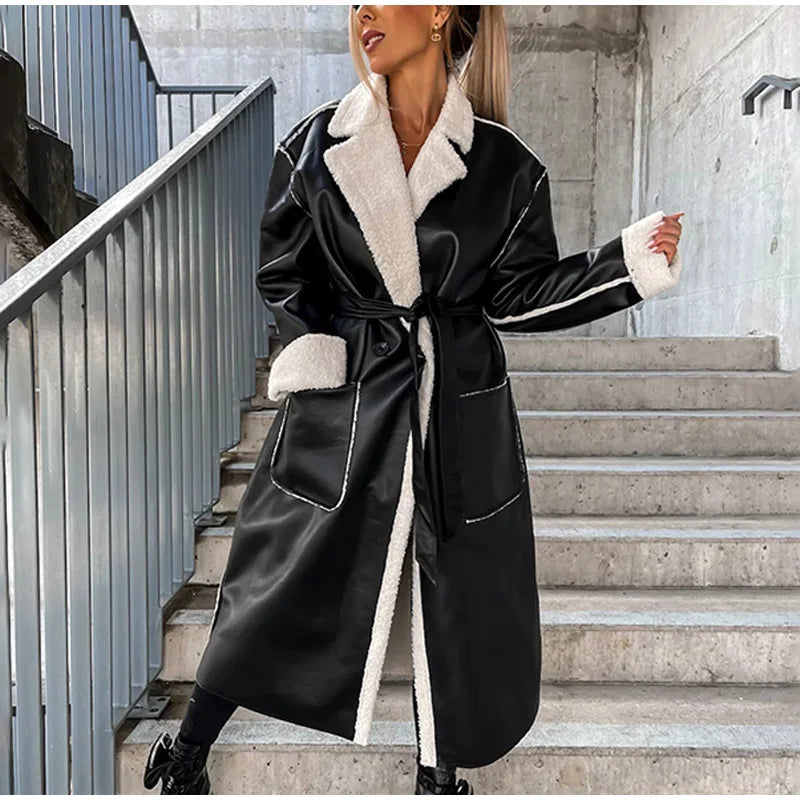 Faux Leather Panelled Turndown Collar Overcoat