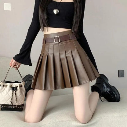 Pleated Skirts  PU Leather Black Khaki