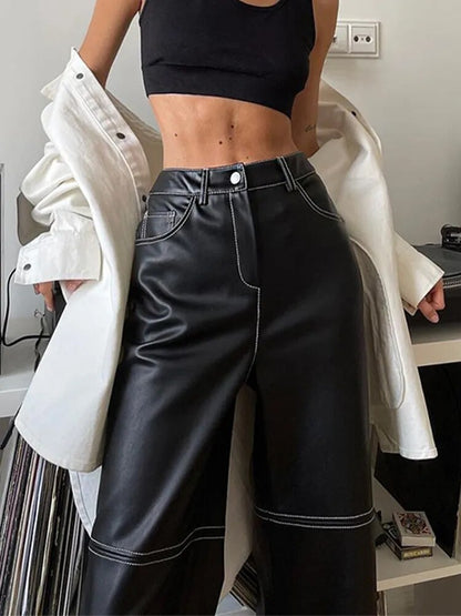 High Waist Wide Leg Leather Pants