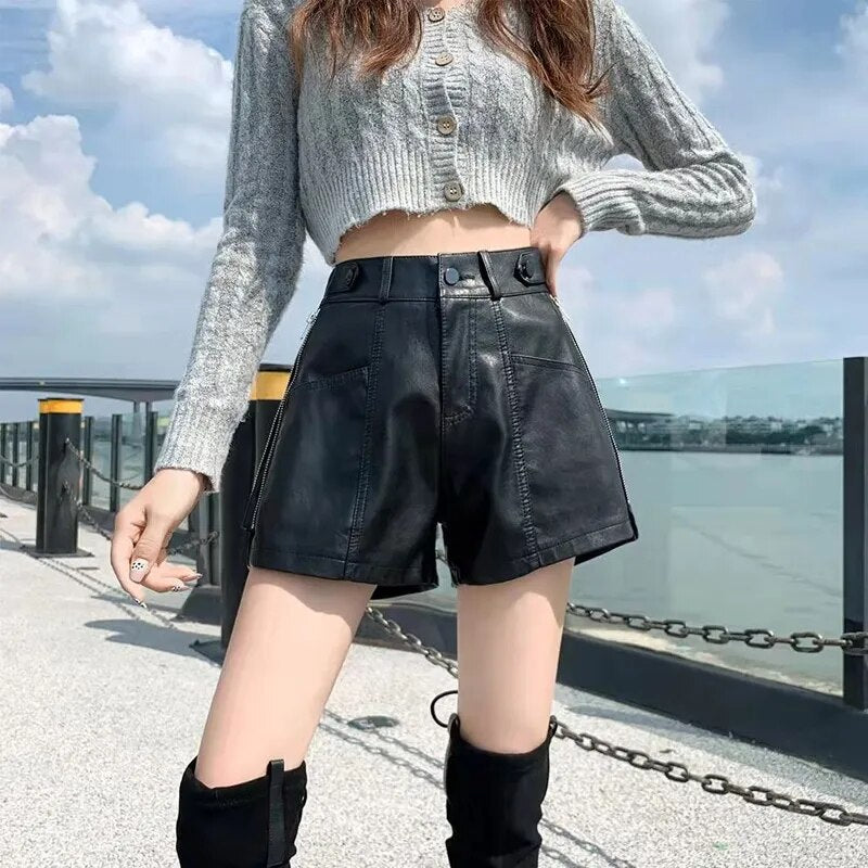 High Waist Loose Leather Shorts