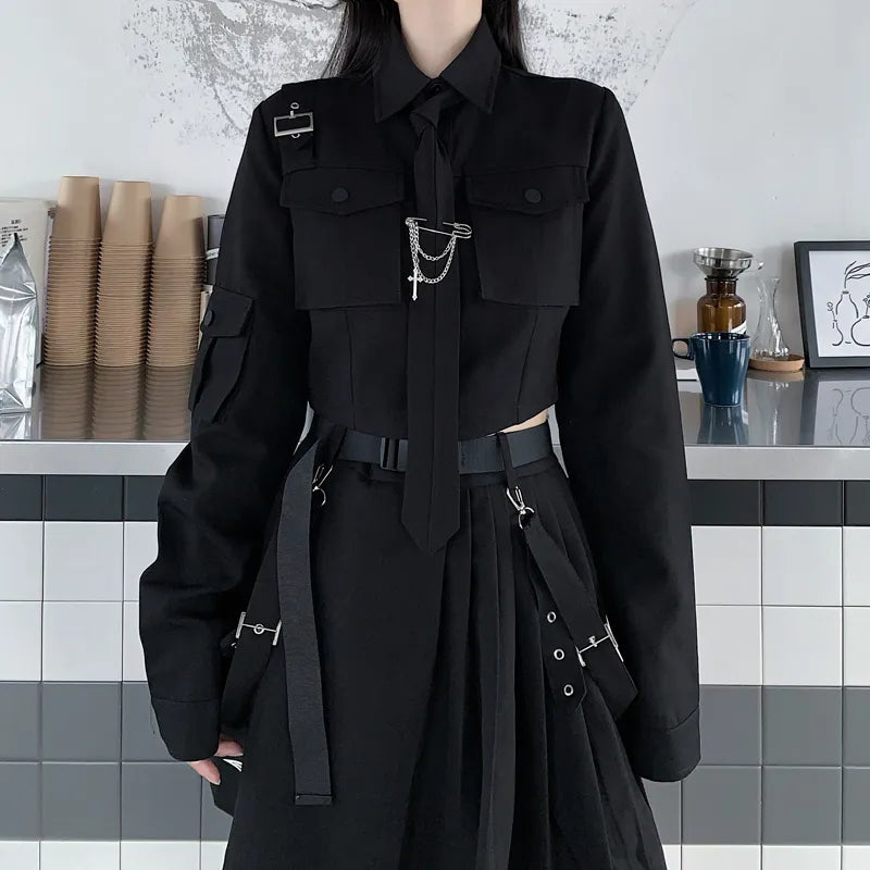 Gothic Cargo Shirt Suit With Chains