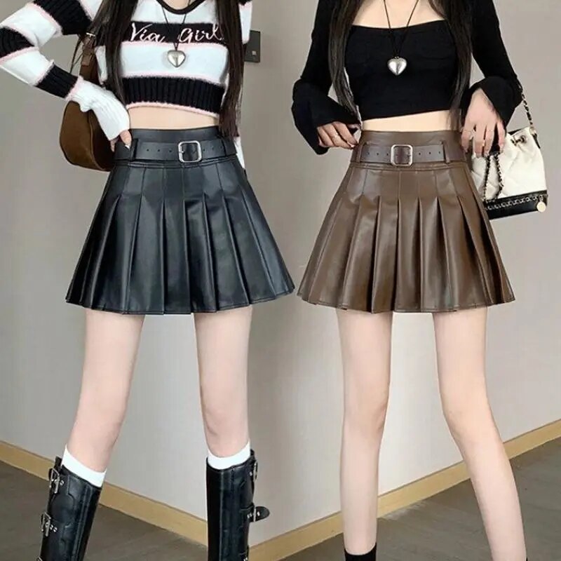 Pleated Skirts  PU Leather Black Khaki