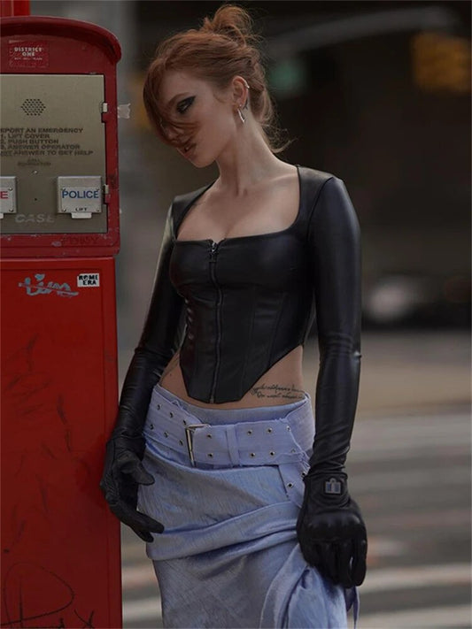 Black Pu Leather Zipper Crop Top