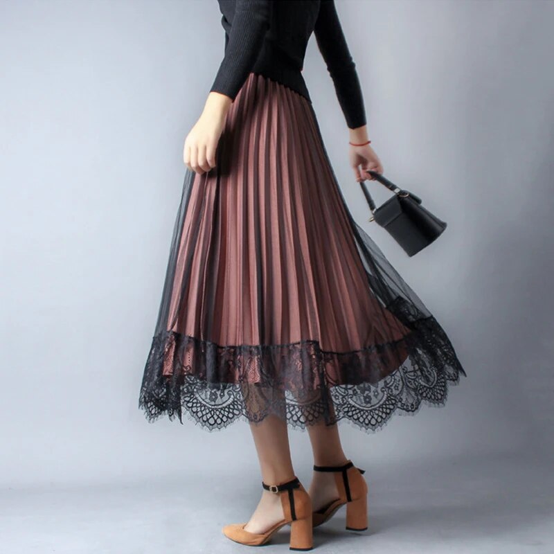 Vintage Lace Gauze Women's Skirt Elegant Loose