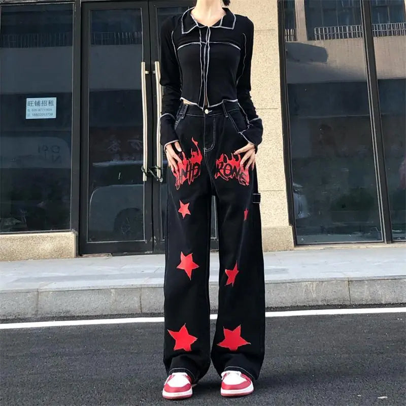 Black Red Jeans Streetwear Fashion Pants