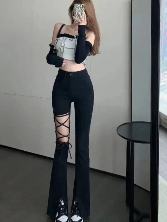 Black Ripped High-waisted Wide-leg Suit Pants