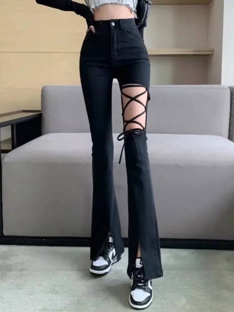 Black Ripped High-waisted Wide-leg Suit Pants