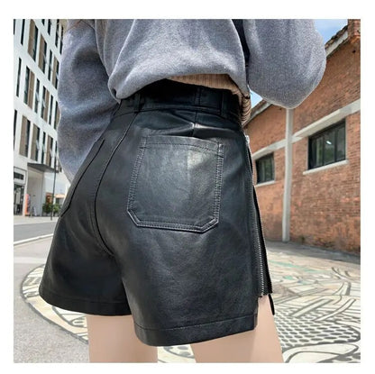 High Waist Loose Leather Shorts