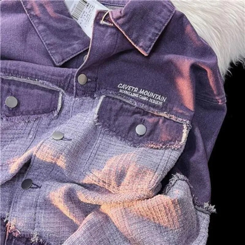 Denim Jacket Retro Color Contrast Stitching Purple